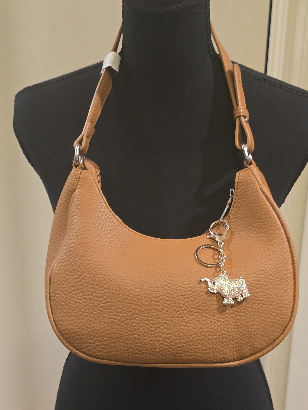 Cognac Crescent Shoulder Bag with Sparkling Elephant Charm